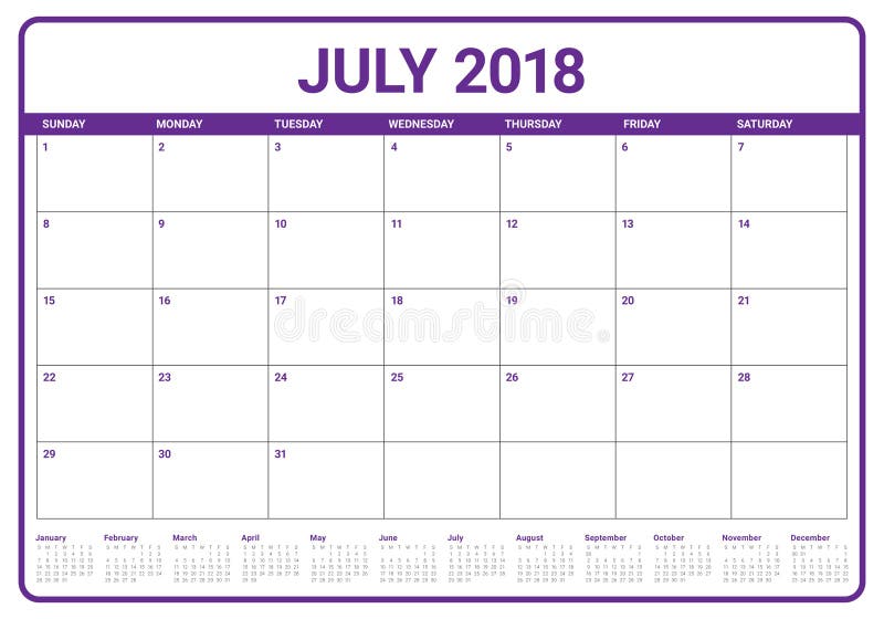 En julio de 2018 ejemplo del vector del planificador del calendario libre illustration En julio de 2018 ejemplo del vector del planificador del calendario libre illustration