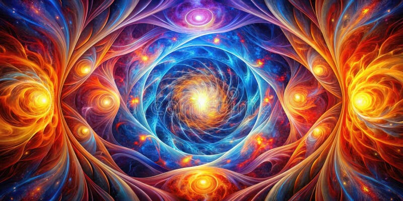 En kaleidoskopisk symfoni av snurrande kosmisk nebuli, utstrålad med elände och känslohuer som täcker en central vört med intensiv vektor illustrationer
