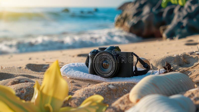 A camera is placed on a blanket at the beach, with the camera lens pointing towards the sea. It appears to be a digital camera, possibly a pointandshoot or mirrorless interchangeablelens AI generated. A camera is placed on a blanket at the beach, with the camera lens pointing towards the sea. It appears to be a digital camera, possibly a pointandshoot or mirrorless interchangeablelens AI generated