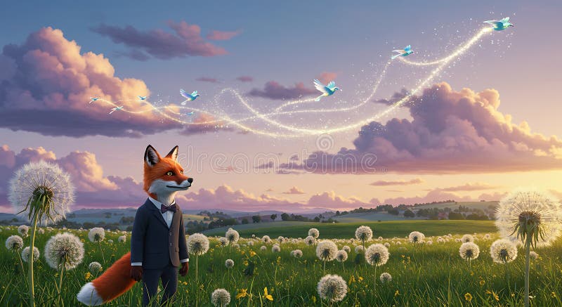 En karikatyrräv med tuxedo-stativ i ett lush fält av dandelioner under ett vibrerande stock illustrationer