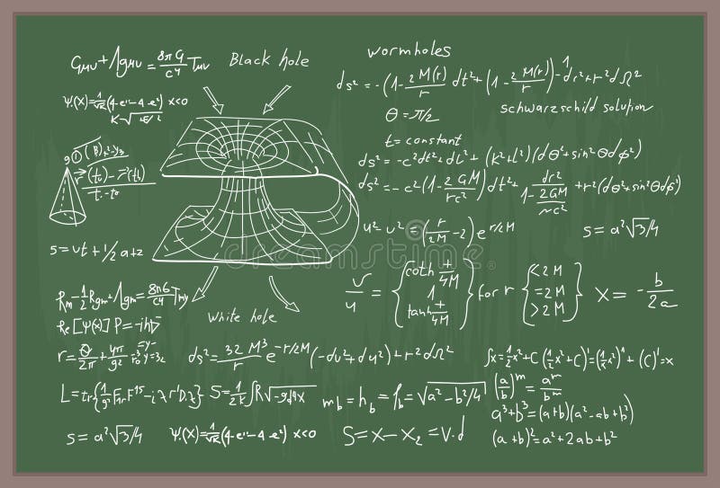 En kartong fylld med komplexa fysikeekvationsdiagram över maskhål i svarta hål och vita hål som representerar stock illustrationer