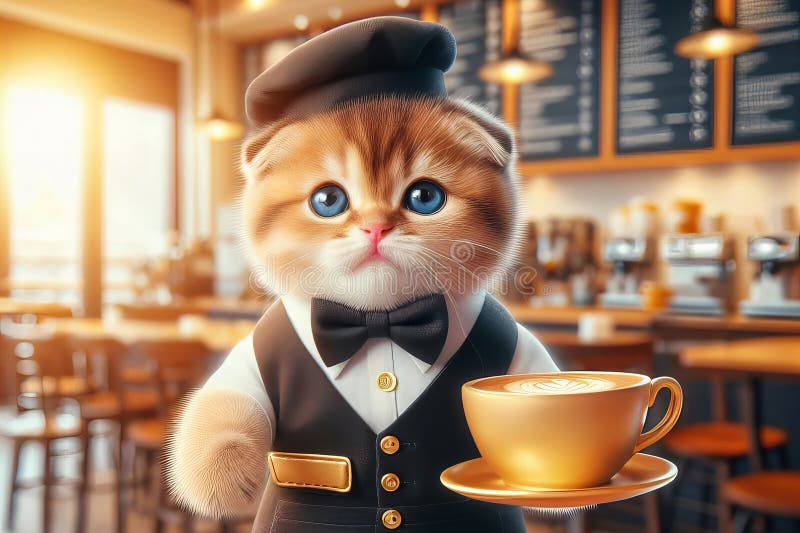 En katt i en servitris, uniform som håller en kopp kaffe. Katten bär en svart hatt och en svart bågslips. scenen är uppställd i en kaffebutik med några få stolar och bord genereras