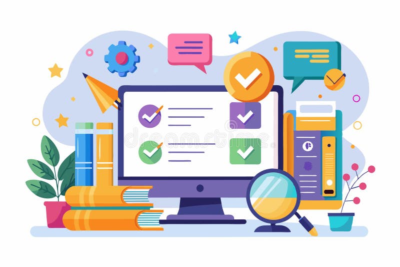 En klar illustration som visar en online-testinstallation med böcker och digitala kontrollmärken online som kan anpassas royaltyfri illustrationer