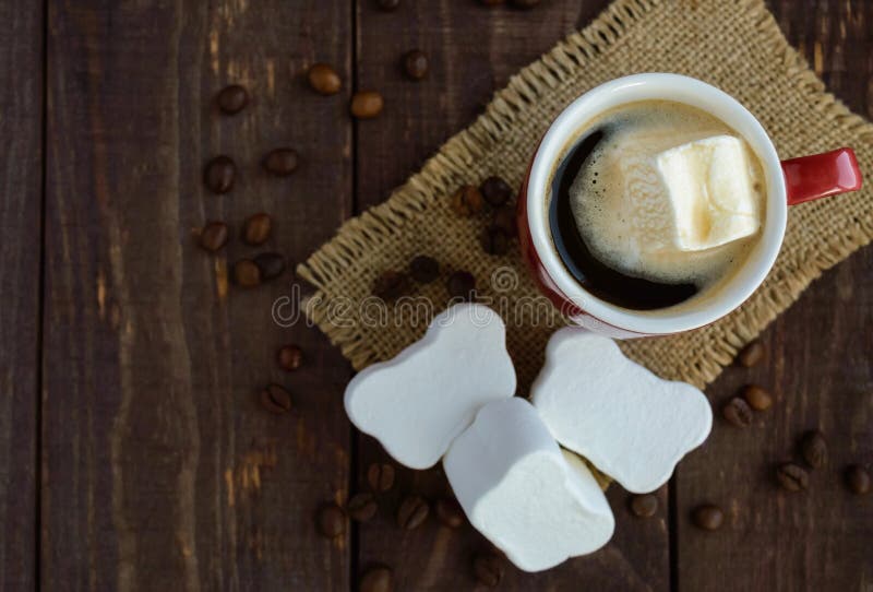En kopp av svart kaffe (espresso) och den söta marshmallowen på en mörk träbakgrund royaltyfria bilder En kopp av svart kaffe (espresso) och den söta marshmallowen på en mörk träbakgrund royaltyfria bilder