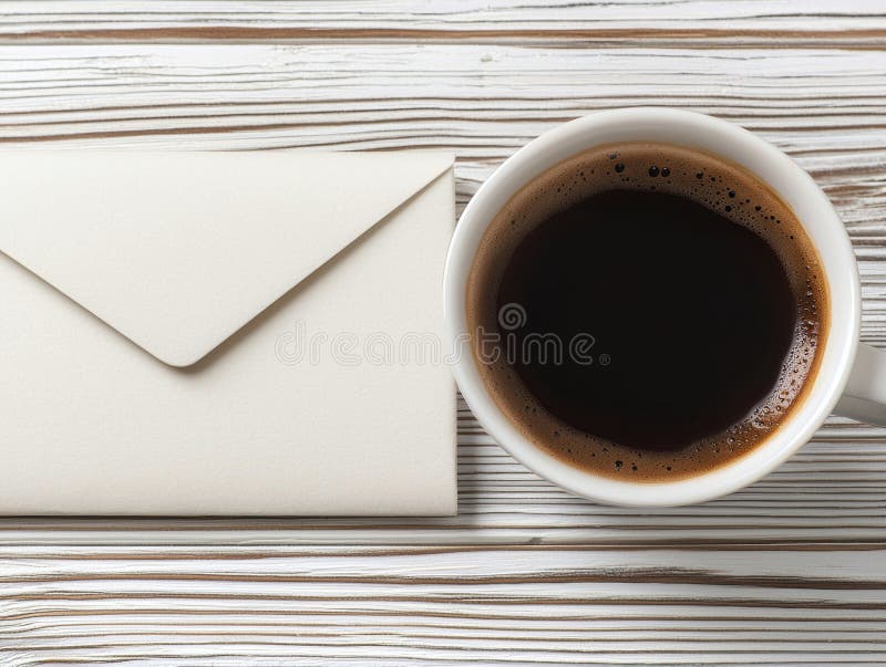 En kopp kaffe och ett blankomslag på en vit träyta royaltyfri illustrationer