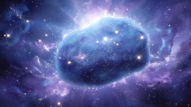 En kosmisk scen har en glödande nebuli i djupt utrymme omgiven av en mängd olika royaltyfri illustrationer