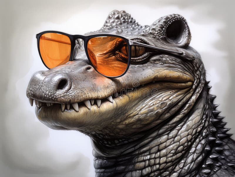 En krokodil med glas. nära porträtt av en akteralligator. digital konst. djurmode. figurin av plast eller annan royaltyfri illustrationer