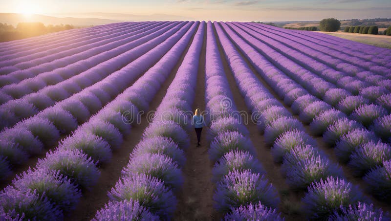 En kvinna som går genom ett lavender-fält i Sunrise vektor illustrationer