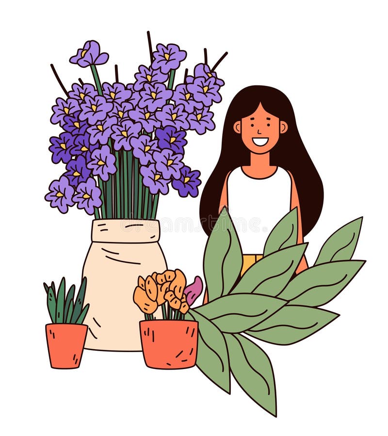 En kvinna som leker med blommor och växter som har ett pulserande florarrangemang med lavenderblad och krökta suckmedel som är fär royaltyfri illustrationer