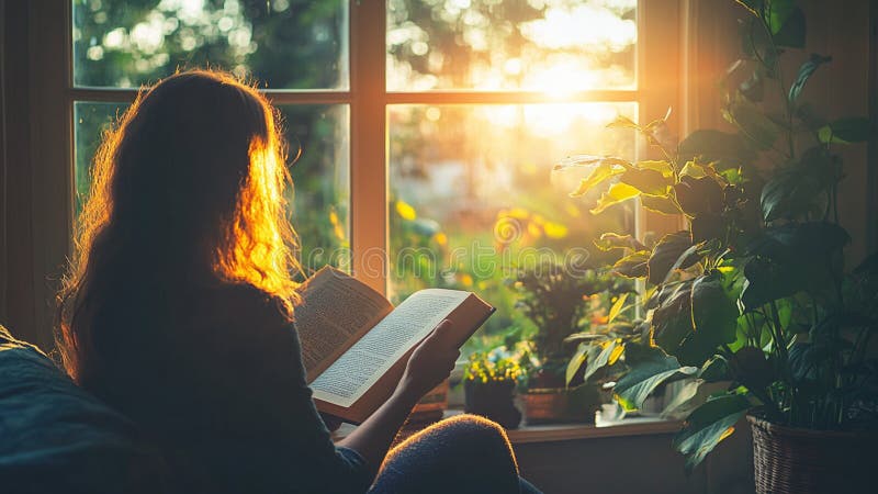 En kvinna som läser en bok i ett fönster med gyllene sun-regn royaltyfri illustrationer