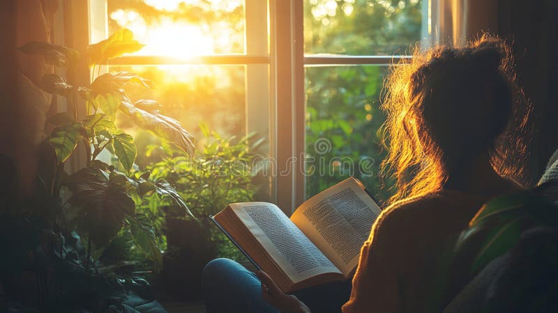 En kvinna som läser en bok i ett fönster med gyllene sun-regn royaltyfri illustrationer