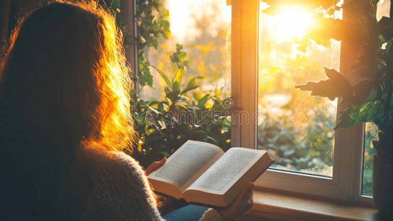 En kvinna som läser en bok i ett fönster med gyllene sun-regn vektor illustrationer
