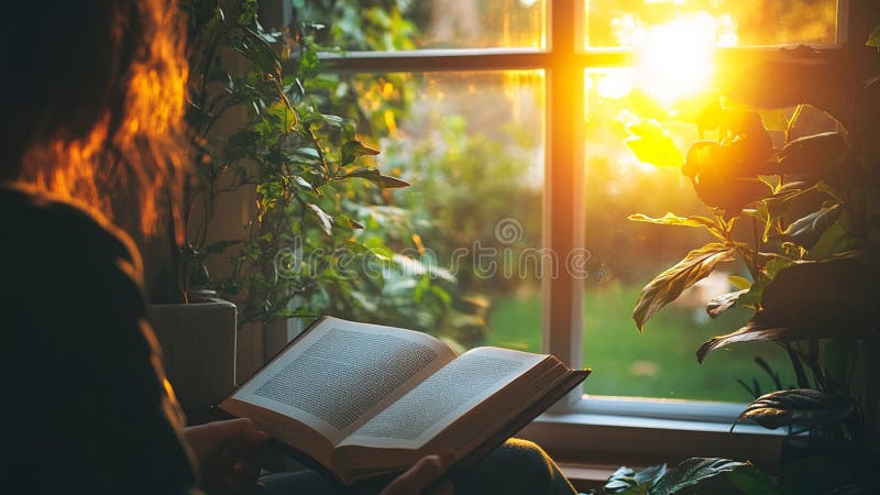 En kvinna som läser en bok i ett fönster med gyllene sun-regn royaltyfri illustrationer