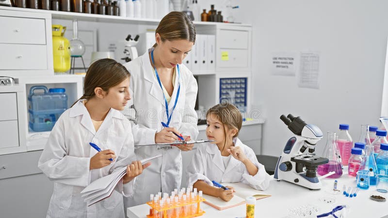 En kvinna som mentorerar två flickor i ett laboratorium med utrustningsexperiment och anteckningar royaltyfri fotografi