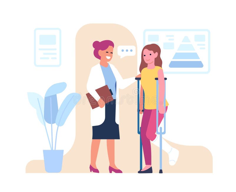 En kvinnlig läkare som tröstar en flicka på en krycka med ett ben. patienter. läkartid. klinik royaltyfri illustrationer
