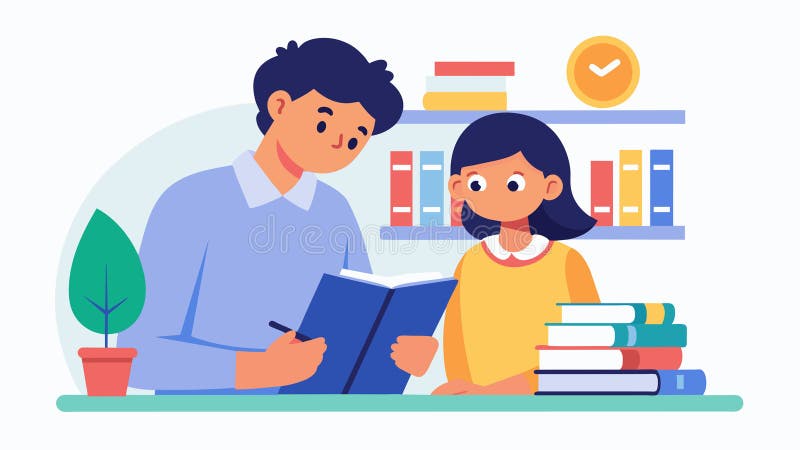 En la biblioteca un padre y un niño revisan sus notas desde la clase y hacen un plan de estudio para una próxima prueba. vector stock de ilustración