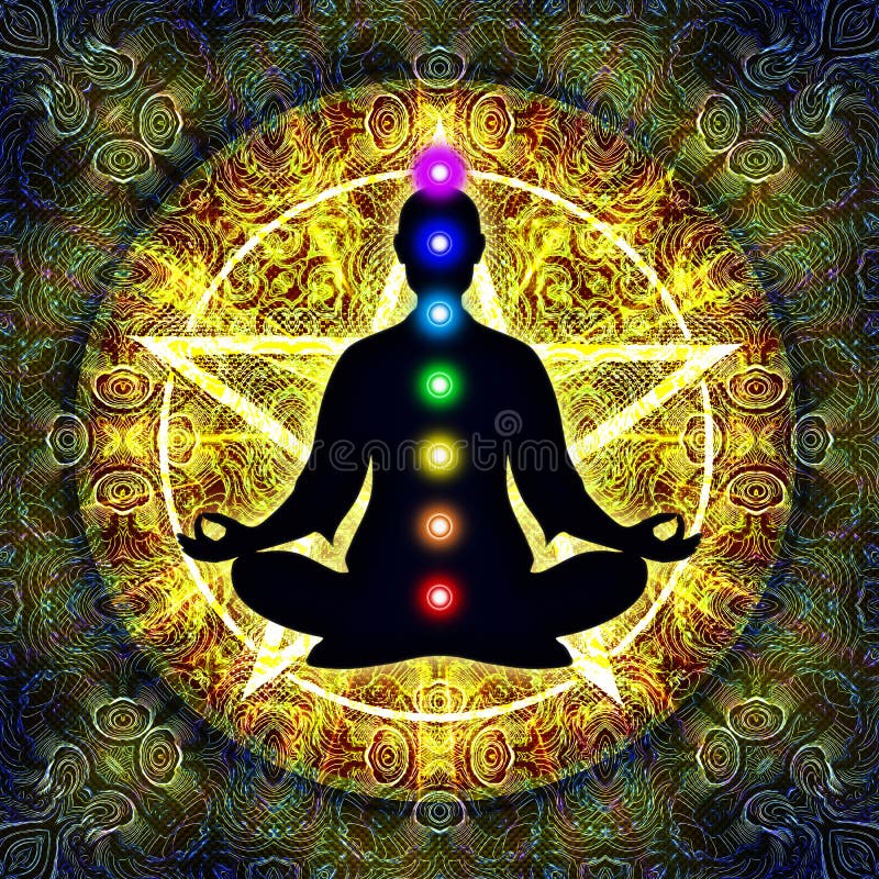 Illustration of a meditation silhouette with chakras. Illustration of a meditation silhouette with chakras.