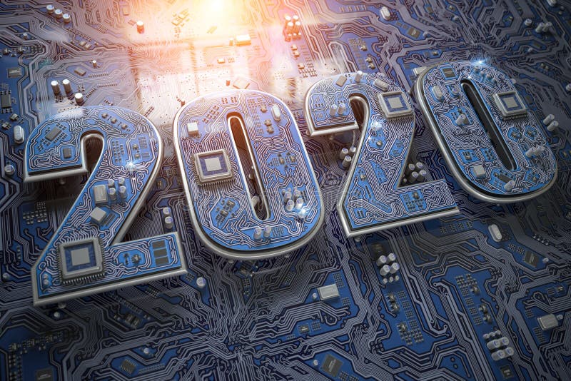 2020 on circuit board or motherboard with cpu. Computer technology and internet commucations digital concept background. Happy new 2020 year. 3d illustration. 2020 on circuit board or motherboard with cpu. Computer technology and internet commucations digital concept background. Happy new 2020 year. 3d illustration