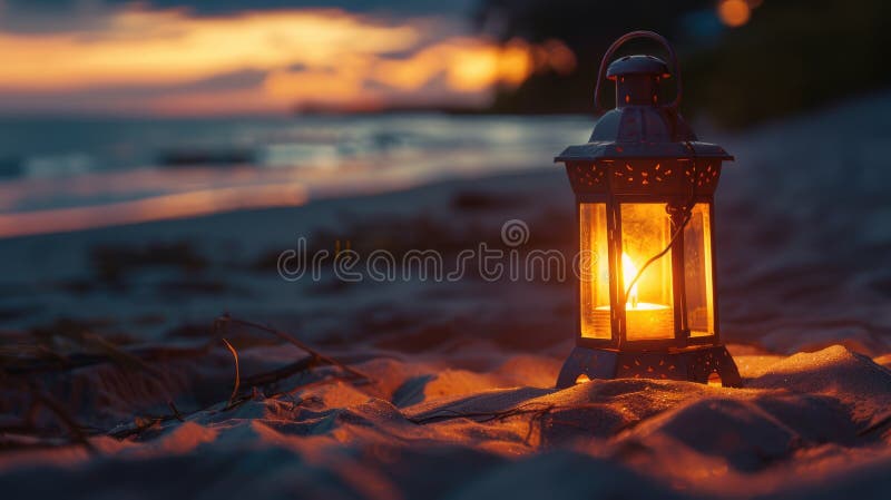 A lantern illuminates the sandy beach at sunset, casting a warm glow over the water and painting the horizon in a beautiful dusk landscape AIG50 AI generated. A lantern illuminates the sandy beach at sunset, casting a warm glow over the water and painting the horizon in a beautiful dusk landscape AIG50 AI generated