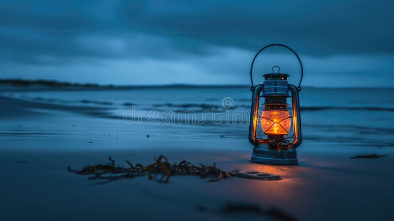 A lantern illuminates the beach as the sun sets, casting a warm glow over the water and sky. The landscape is transformed as dusk falls, creating a peaceful and picturesque scene for AI generated. A lantern illuminates the beach as the sun sets, casting a warm glow over the water and sky. The landscape is transformed as dusk falls, creating a peaceful and picturesque scene for AI generated