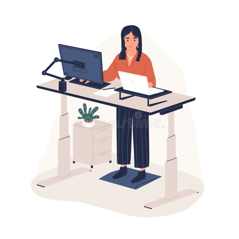 En leende kvinnlig medarbetare som arbetar på en plan illustration av ergonomisk arbetsstation. moderna kontorslokaler med royaltyfri illustrationer