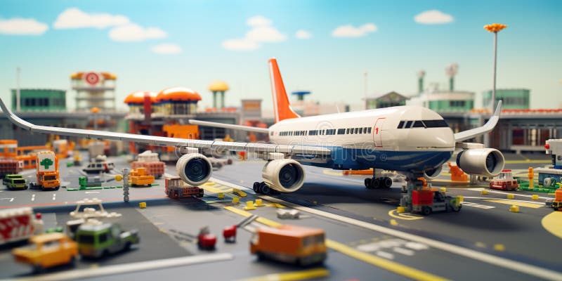 En lego-flygplats med flygplansmaskineri och servicepersonal är redo att betjäna passagerare. ai generative ai