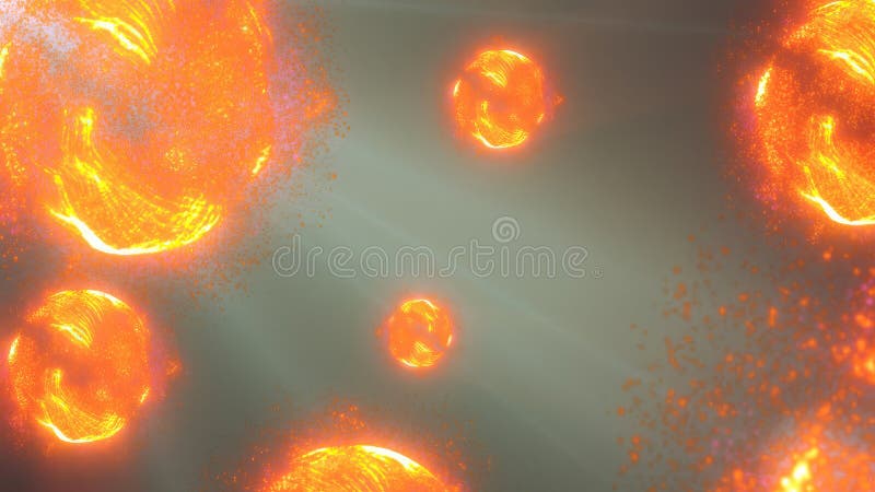 En levande bild av flytande orange sfärer i en kosmisk miljö som liknar mikroskopiska partiklar eller celler i en stock illustrationer