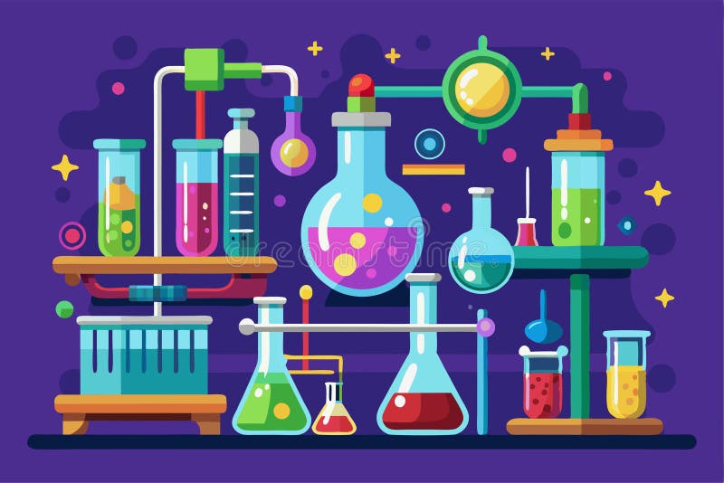 En levande illustration med färglösa vätskor från laserglasvaror och skräddarsydd experimentutrustningskemisk labbillustration vektor illustrationer