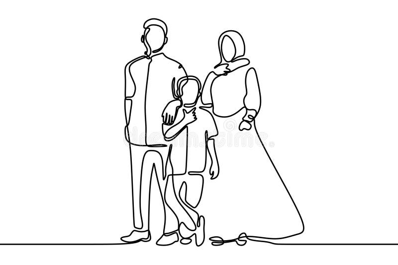 En linje religion för muslim familj för teckning islamisk av fader, moder och son vektor illustrationer En linje religion för muslim familj för teckning islamisk av fader, moder och son vektor illustrationer