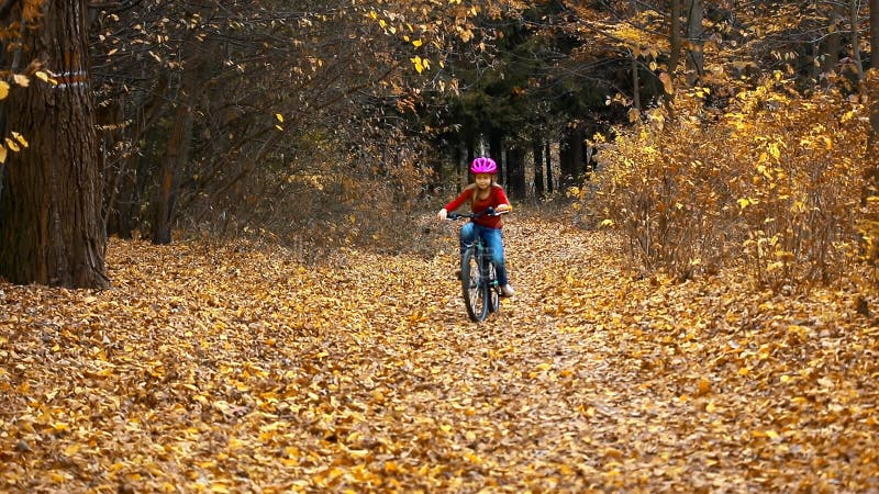 En liten flicka cyklar i höstparken och faller