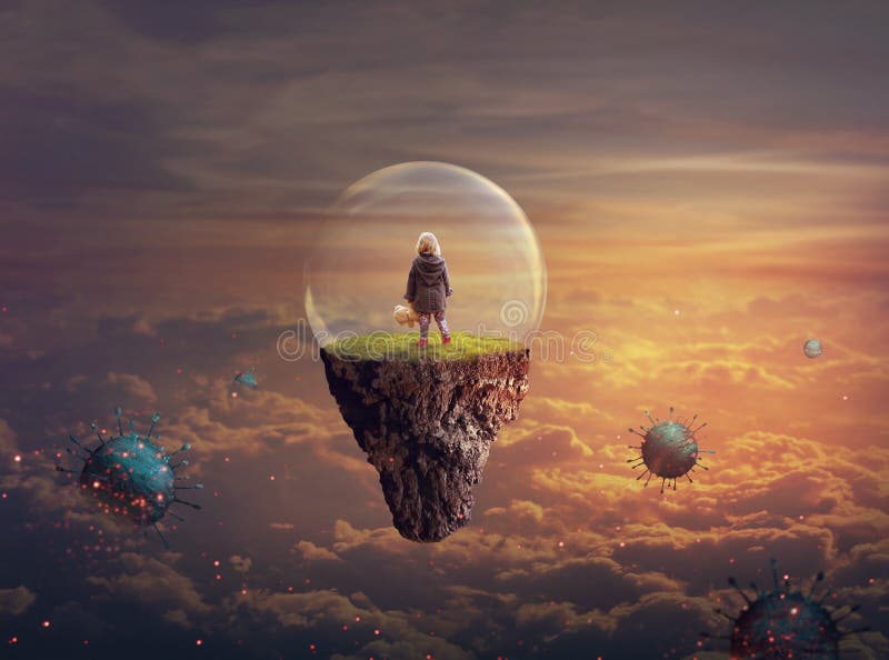 Little girl on a floating island covered with glass bubble; Disease-virus protection concept; Elements of this image furnished by NASA. Little girl on a floating island covered with glass bubble; Disease-virus protection concept; Elements of this image furnished by NASA
