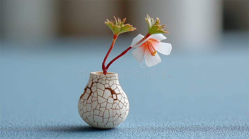 En liten krackad keramisk vase sitter på en texturerad blå yta royaltyfri illustrationer