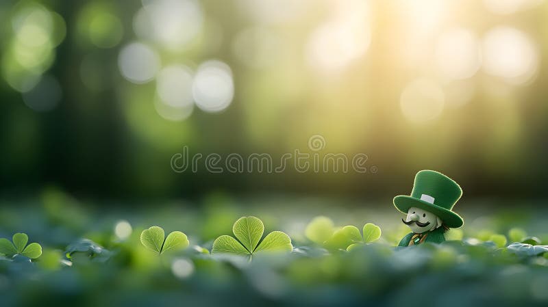 En liten leprechaun-figur gömd bland gröna klöverblad i en drömmande skogsmiljö. Den här bilden passar utmärkt för St royaltyfri fotografi