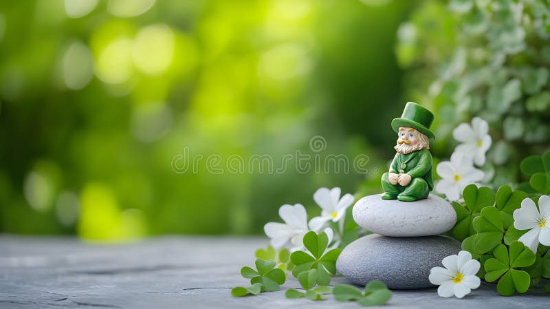 En liten leprechaun figurine sittande staplade stenar omgivna av schampor och vita blommor i en lush grön royaltyfri foto