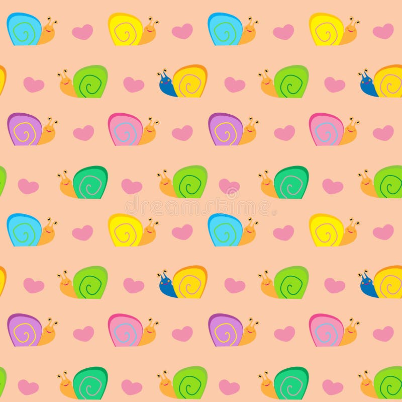 En liten snigel och hjärtor på en sömlös vektor för rosa bakgrund mönstrar illustrationen stock illustrationer