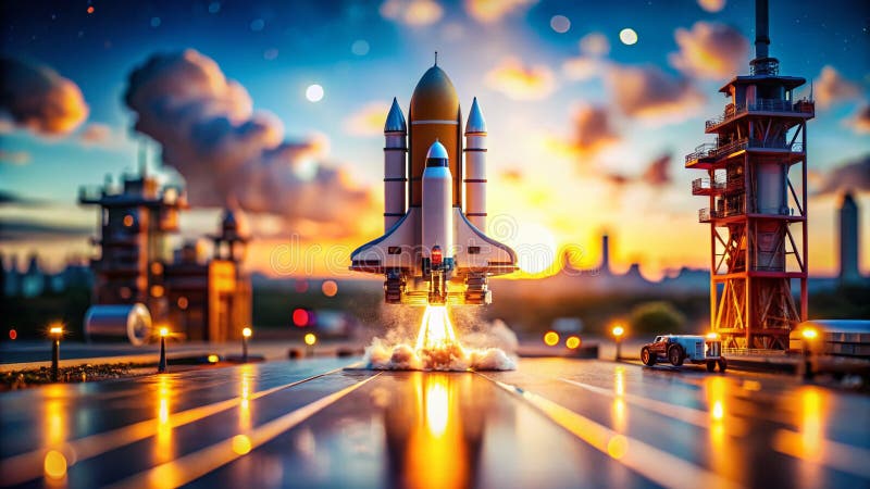 En liten Starship Launches in a Futuristic Galaxy Detailed TiltShift Diorama Capturing the Wonders of Miniature Space stock illustrationer