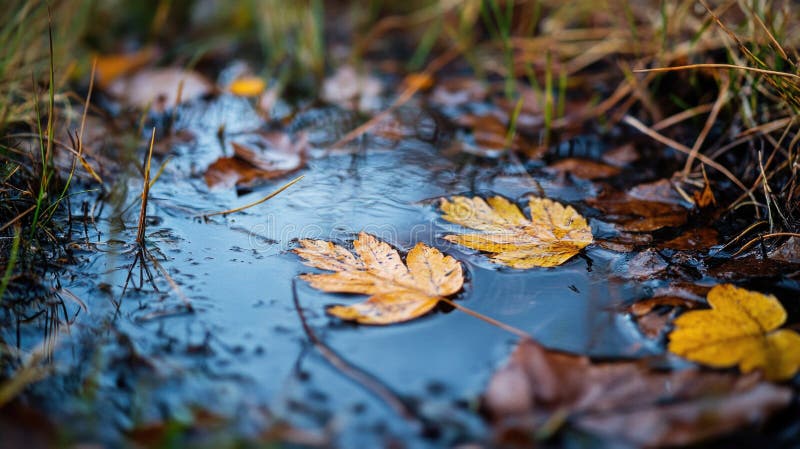 En liten vattenreserv med blad som är spridda runt royaltyfria foton