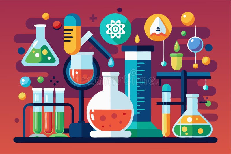 En livfull beskrivning av laboratorieverktyg och färgstarka kemiska reaktioner som belyser den kemiska värld som kan anpassas stock illustrationer