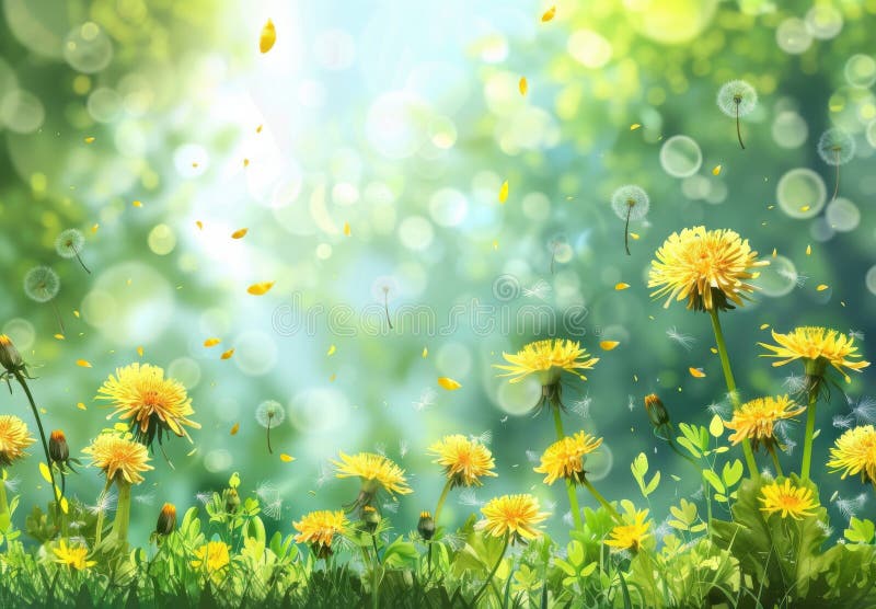 En ljus vårdag i en grön ängsskugga där gula dandelioner blommar och deras frön flyter lätt genom luften stock illustrationer