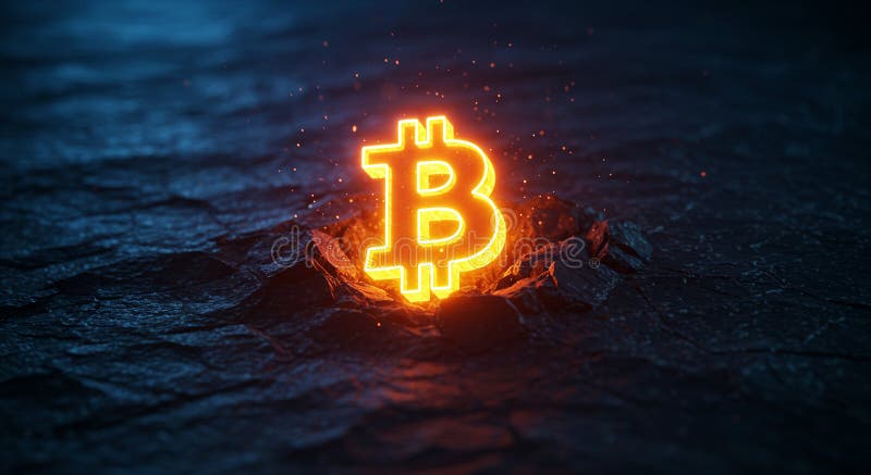 En ljusgult orange Bitcoin bildas från en mörkt krackad yta royaltyfri illustrationer