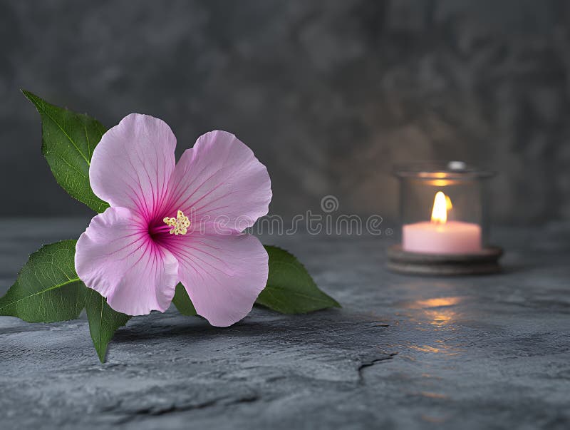 En ljusrosa hibiscus blomma med blad och ett ljus i en glashållare på en grå yta vektor illustrationer