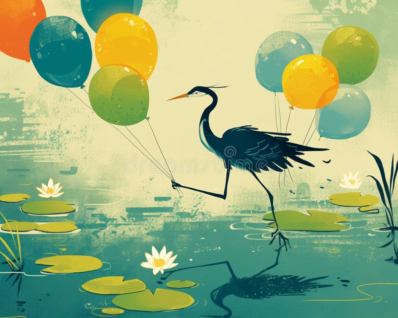 En lycklig öron som vingar med ballonger som dansar på vatten royaltyfri illustrationer