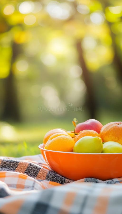 En lysande picknick med en sjudande orange skål med säsongsfrukt i mjukt fokus och bål stock illustrationer