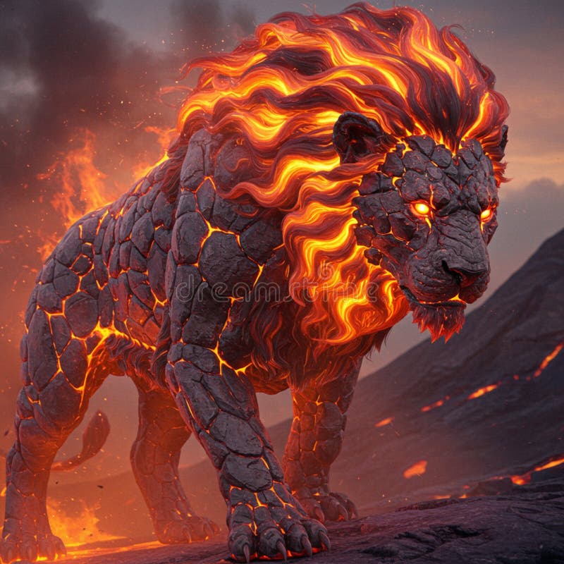 En majestät mytisk lejon med en kropp som liknar lava och sten.. Dess mantel är vektor illustrationer
