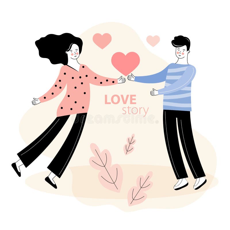En man ger hjärtat åt en kvinna Romantiskt datum Kärlekshistoria, relation Konstruktionskoncept för Valentindagen och andra använ royaltyfri illustrationer