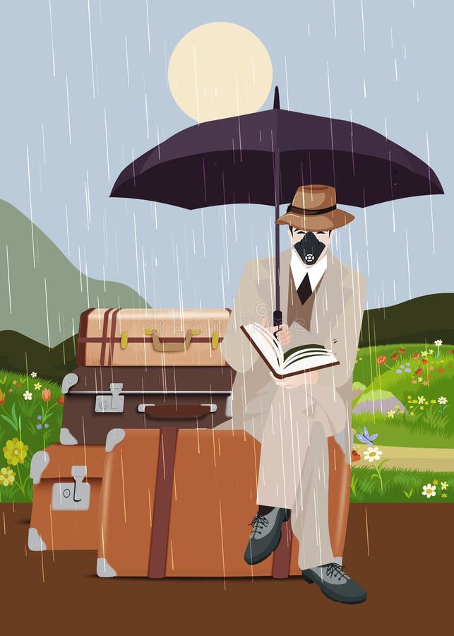 En man med en mask sitter på resväskor och läser en bok i regnet. vektor illustrationer