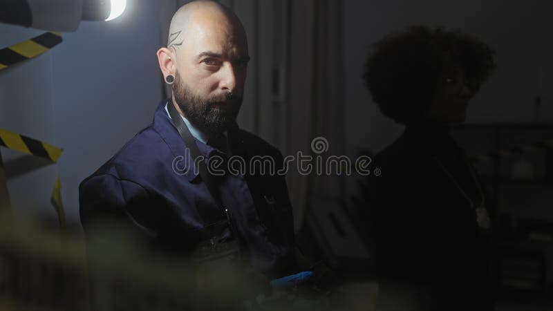 En man och kvinna fungerar som detektiver på en dimlylit inomhusbrottsplats med försiktighet band i bakgrunden royaltyfri bild