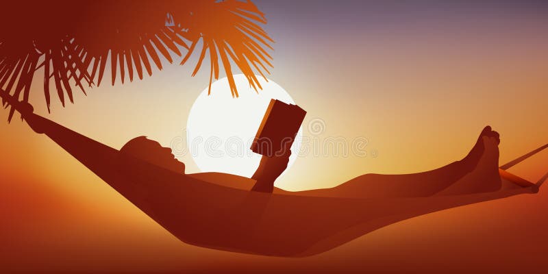 En man på semester läser en bok i en hammock. royaltyfri illustrationer