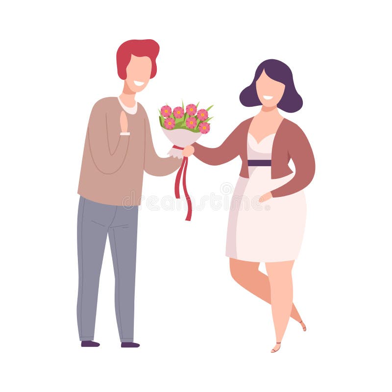 En man som ger blommor till ett romantiskt par i kärlek på semesterfirande illustration med plana vektorer vektor illustrationer