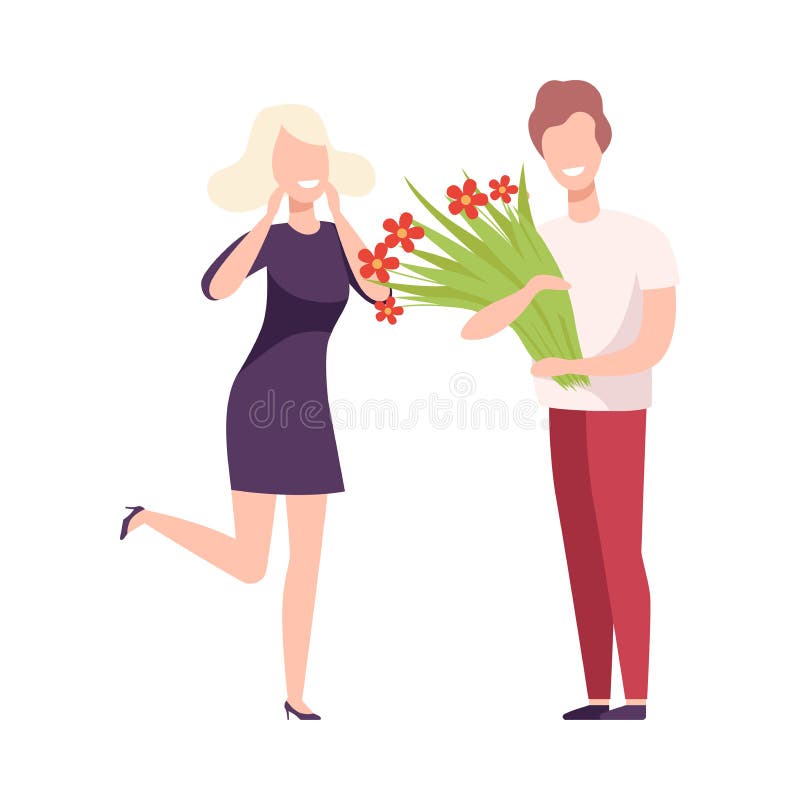 En man som ger blommor till en glad, blondinsk, romantisk kvinna som älskar på semesterhyllan, lägenhet vektor illustrationer
